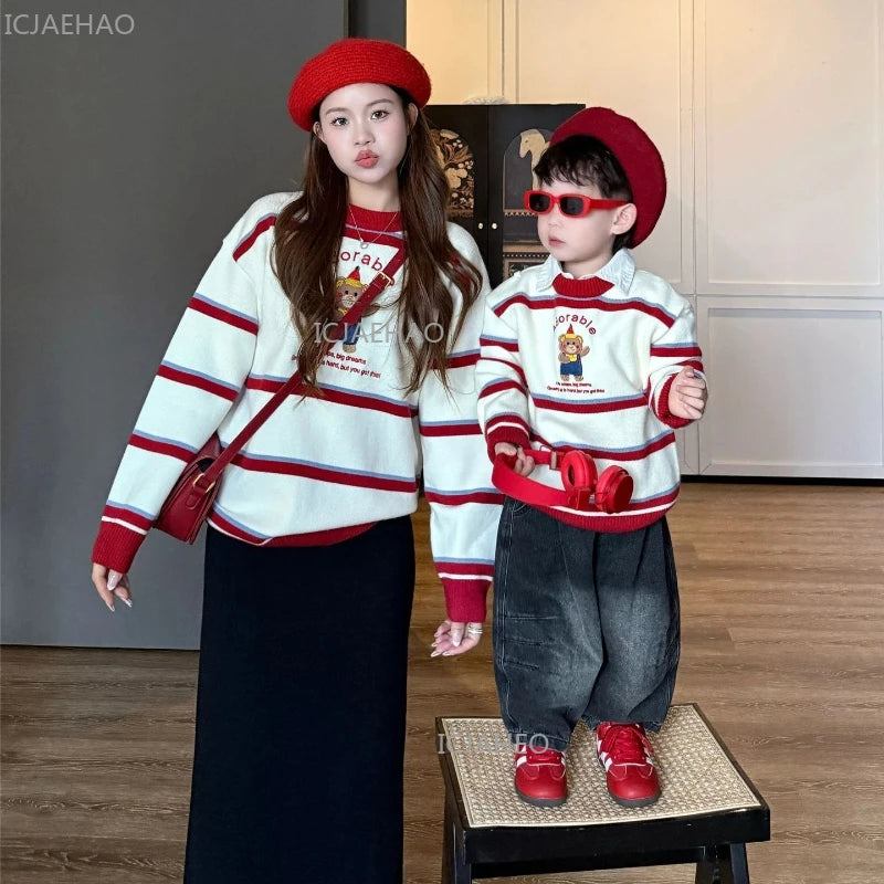 Winter Family Matching Sweaters for Mom Dad Baby Toddler New Year Outfit Christmas Holiday Homewear Cartoon Bear Stripe Knitwear