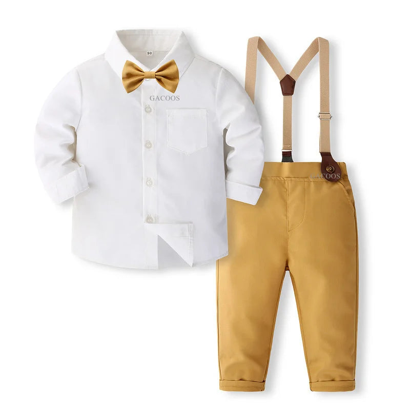 Boys Wedding Clothing Set Solid Cotton Shirt with Pants Kid Suspender Suit 0 1 2 3 4 Years Fall Birthday Costume Gentleman Child