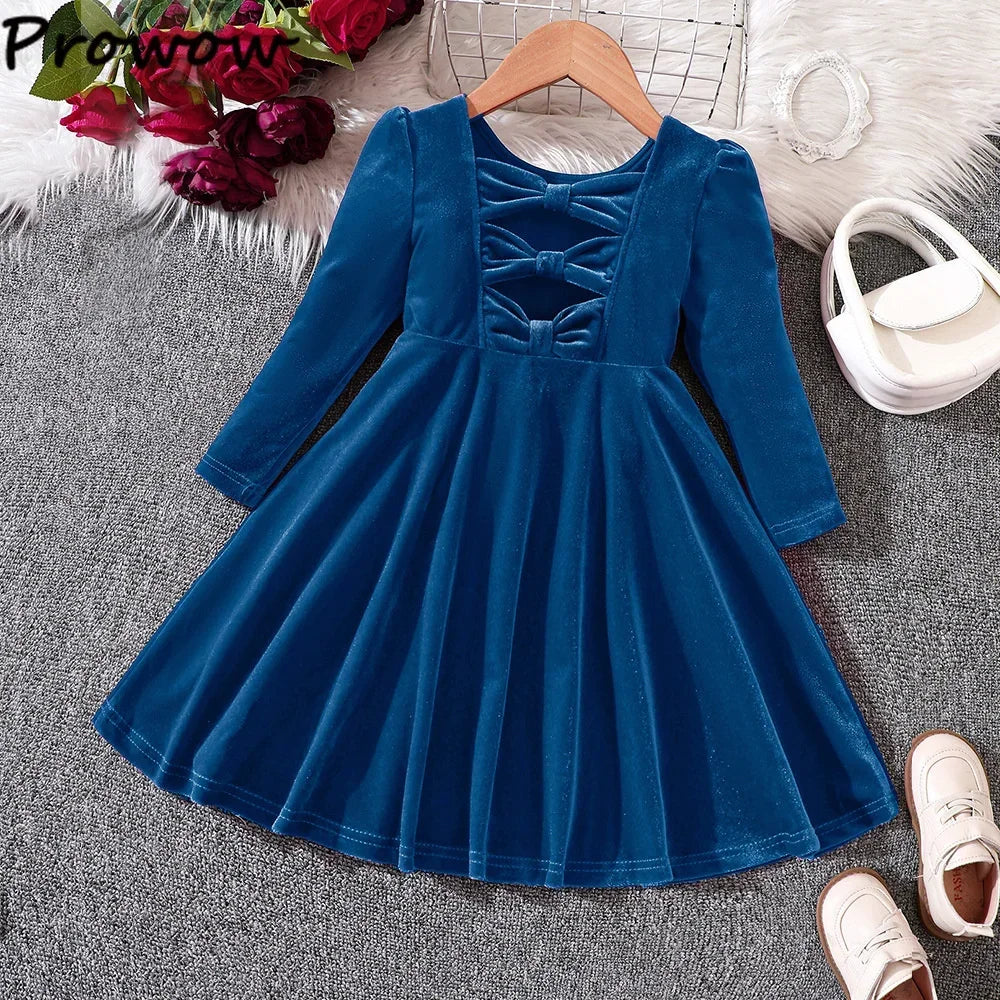 Prowow Children's Party Dresses Girls Clothing Long Sleeve Bow Hollow Out Pink Velvet Dress For Girls Kids Fall Winter Clothes