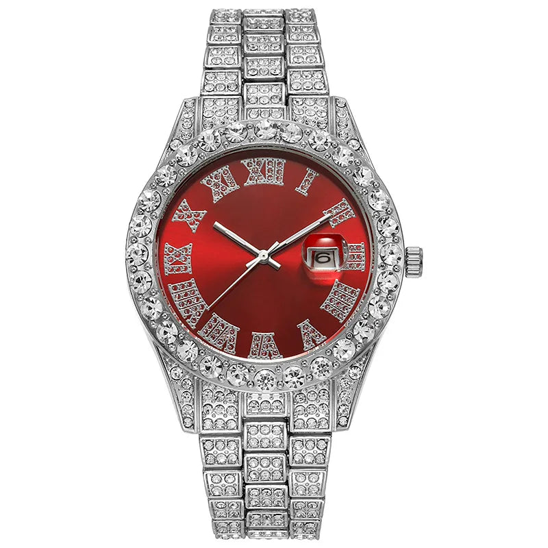 Luxury Fashion Hip Hop Men's Wristwatch, Roman Numeral Dial, Round Rhinestone Date Display,Men's Business Quartz Watch Clock