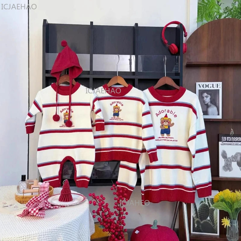 Winter Family Matching Sweaters for Mom Dad Baby Toddler New Year Outfit Christmas Holiday Homewear Cartoon Bear Stripe Knitwear