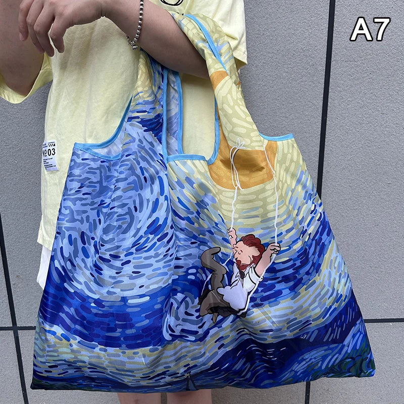 New Fashion Bag Foldable Shopping Bag Reusable Grocery Storage Bag Nylon Portable Shoulder Handbag Travel Tote Bag