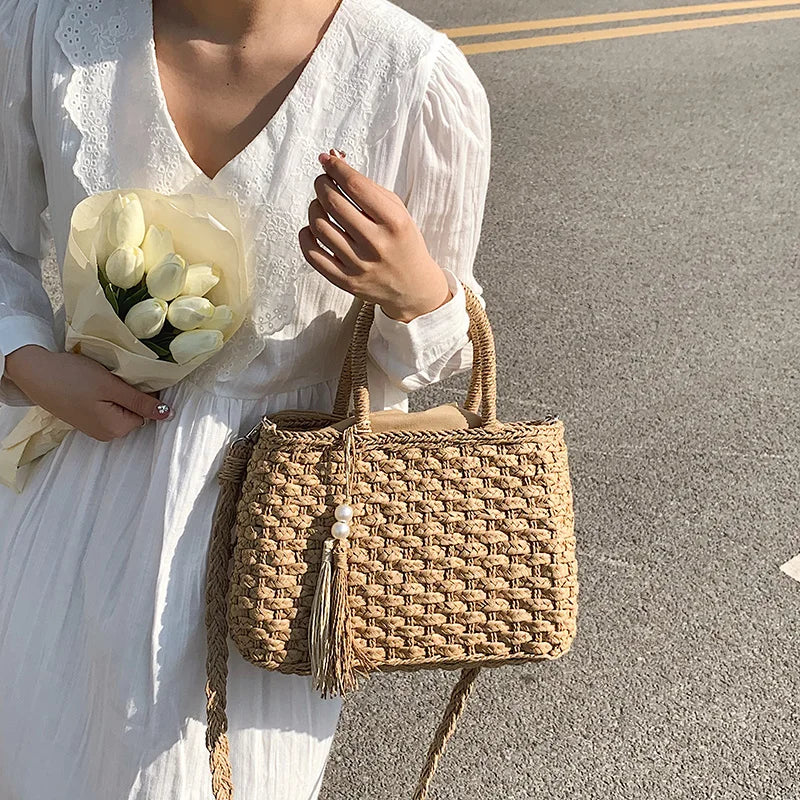 MOODS Rattan Woven Top-handle Bags For Women 2026 Summer Beach Holiday Shoulder Cross Body Basket Bag Luxury Designer Handbags