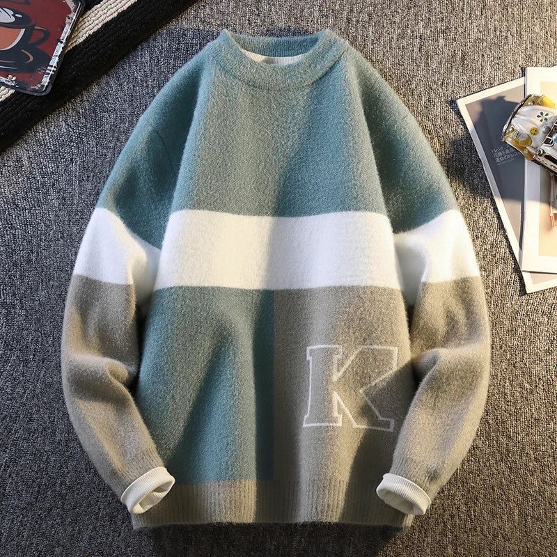 Trendy Men's Round Neck Sweater Autumn Winter Color Block Knitwear Minimalist Urban Loose Pullover Fashion Casual Streetwear Top