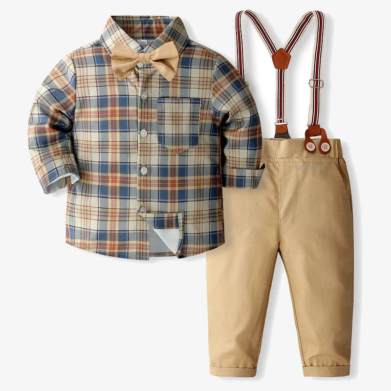 Boys Wedding Clothing Set Solid Cotton Shirt with Pants Kid Suspender Suit 0 1 2 3 4 Years Fall Birthday Costume Gentleman Child