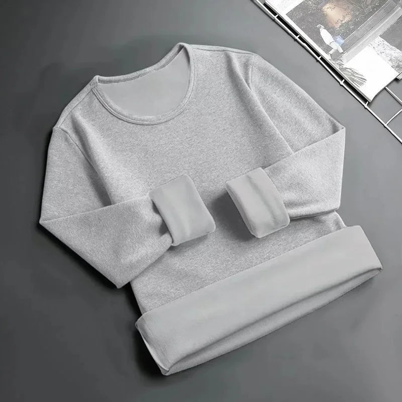 Men's Fleece Lined Thickened Long Sleeve T-Shirt round Neck Base Shirt Autumn Clothes Winter Long Sleeve Breathable Casual Wear