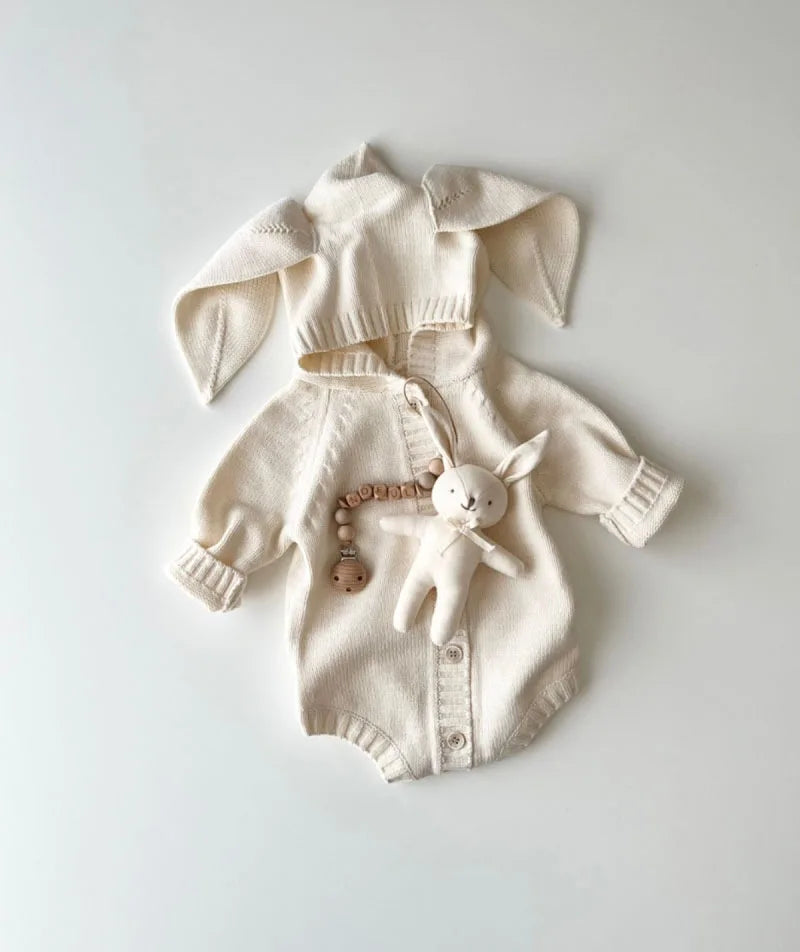 Knitted Baby Clothes Newborn Cute Hooded Baby Girl Boy Romper Clothes With Bunny Ear Cotton Infant Sweater Baby Romper Jumpsuit