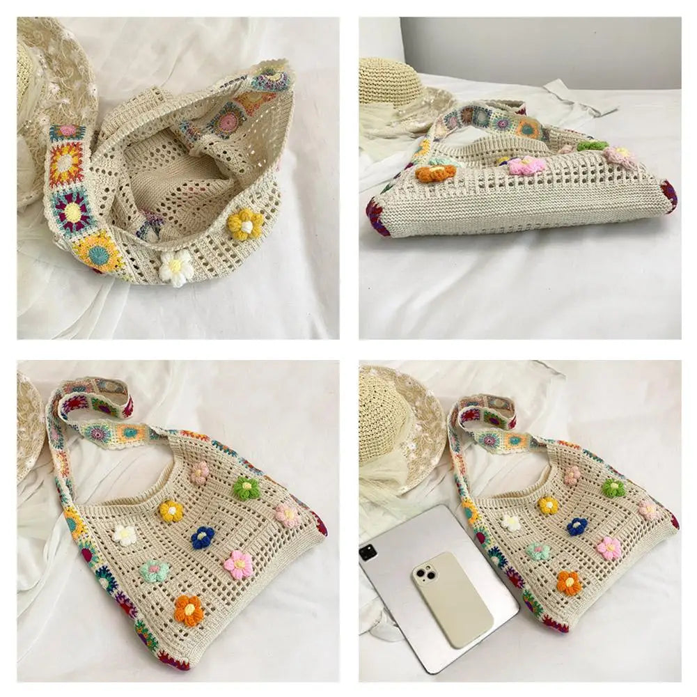 Knitted Bag Summer Beach Bag Forest-inspired Boho Crochet Bag Flowers Knitted Handbags Crossbody Shoulder Ladies Fashion Bag