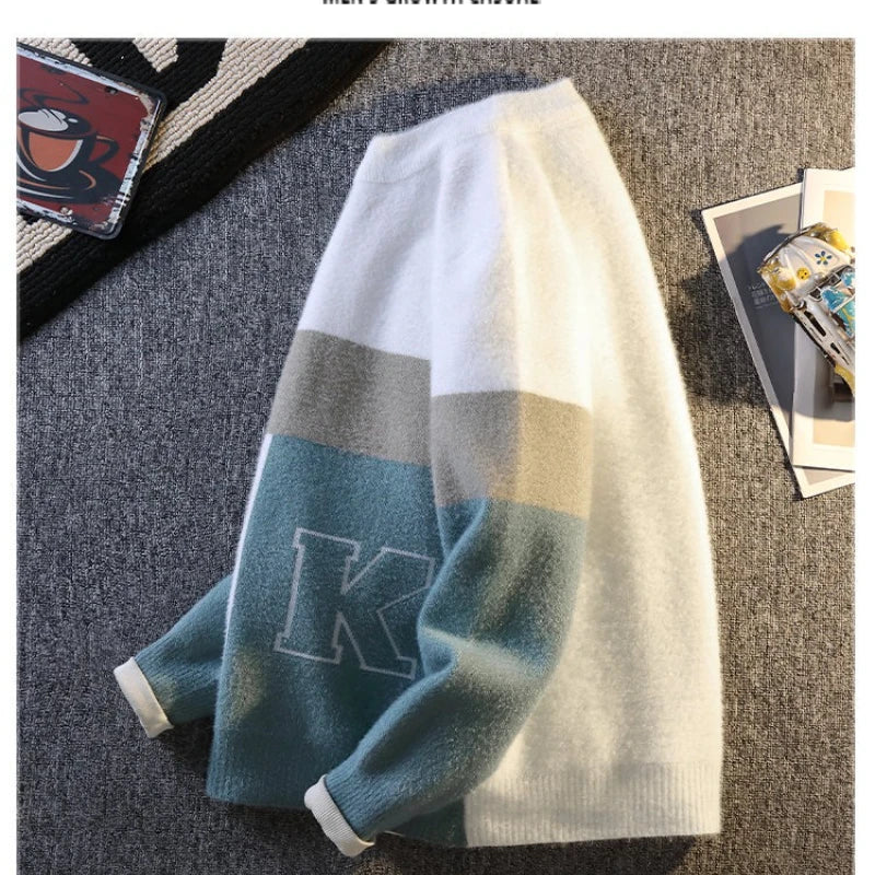 Trendy Men's Round Neck Sweater Autumn Winter Color Block Knitwear Minimalist Urban Loose Pullover Fashion Casual Streetwear Top
