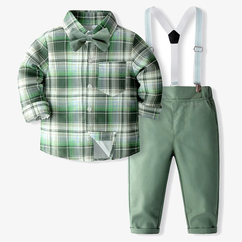 Boys Wedding Clothing Set Solid Cotton Shirt with Pants Kid Suspender Suit 0 1 2 3 4 Years Fall Birthday Costume Gentleman Child