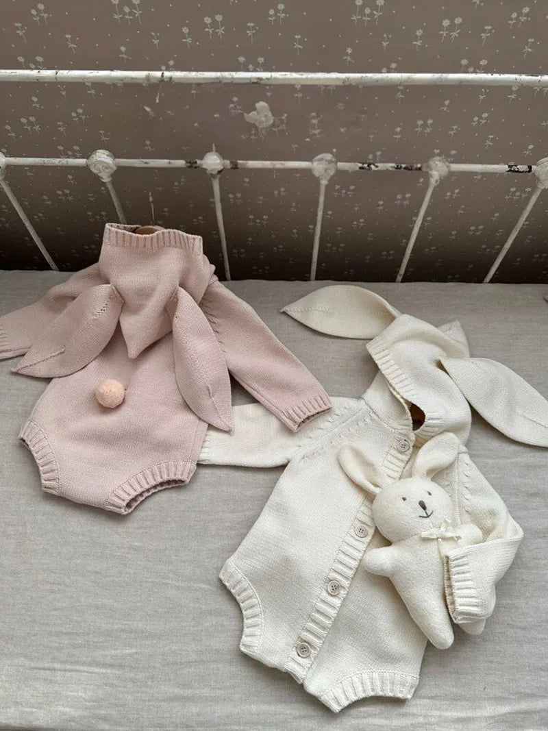 Knitted Baby Clothes Newborn Cute Hooded Baby Girl Boy Romper Clothes With Bunny Ear Cotton Infant Sweater Baby Romper Jumpsuit