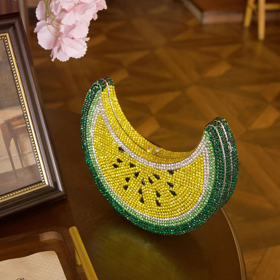 XIYUAN Watermelon Shaped Rhinestone Evening Clutch Bag Women Multicolor Crystal Handbag for Wedding Cocktail Summer Party Purse