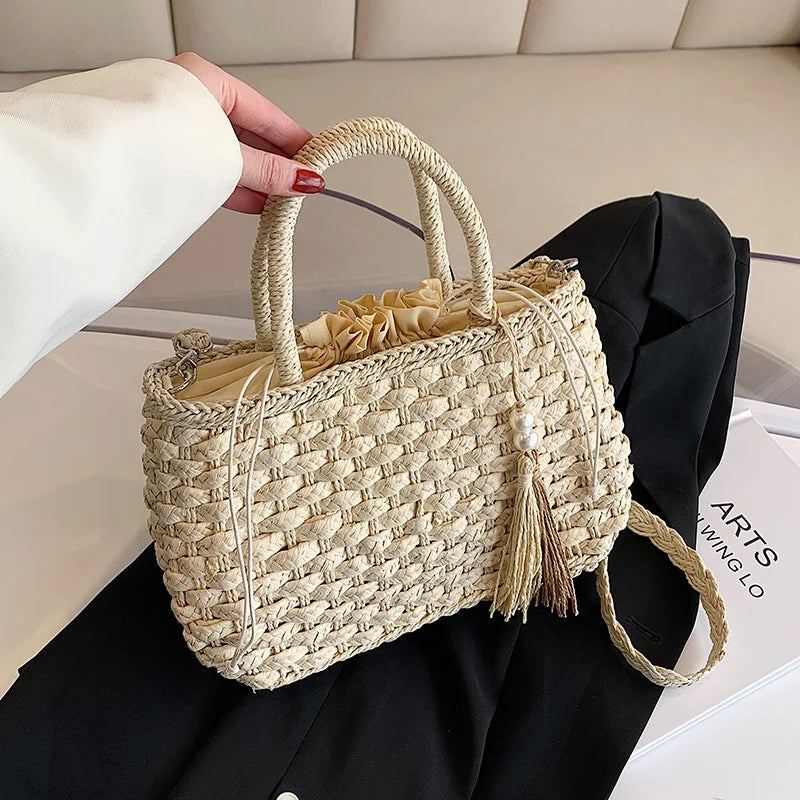 MOODS Rattan Woven Top-handle Bags For Women 2026 Summer Beach Holiday Shoulder Cross Body Basket Bag Luxury Designer Handbags