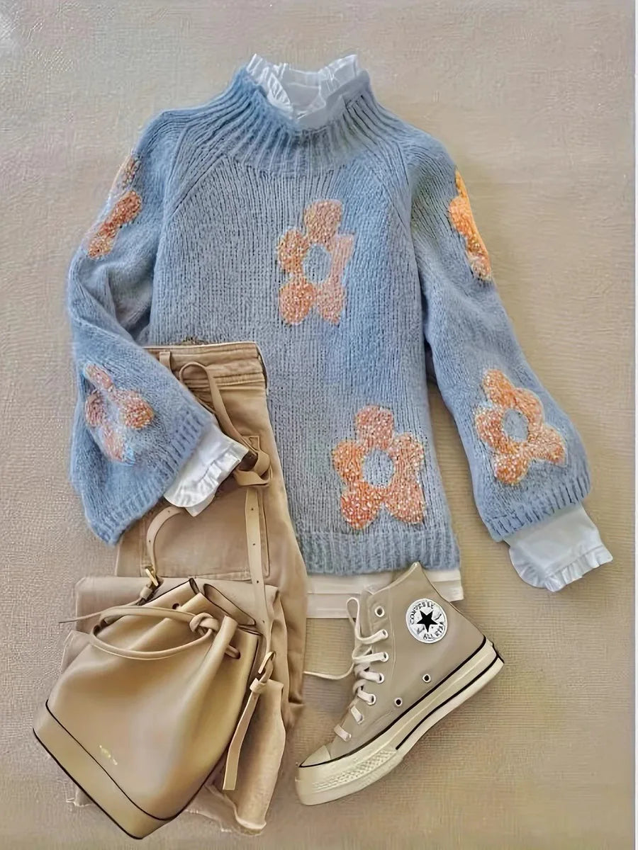 Winter Women's Knit Sweater Ribbed Floral Design Long Sleeve Pullover Fall New Arrival Knitwear Casual streetwear