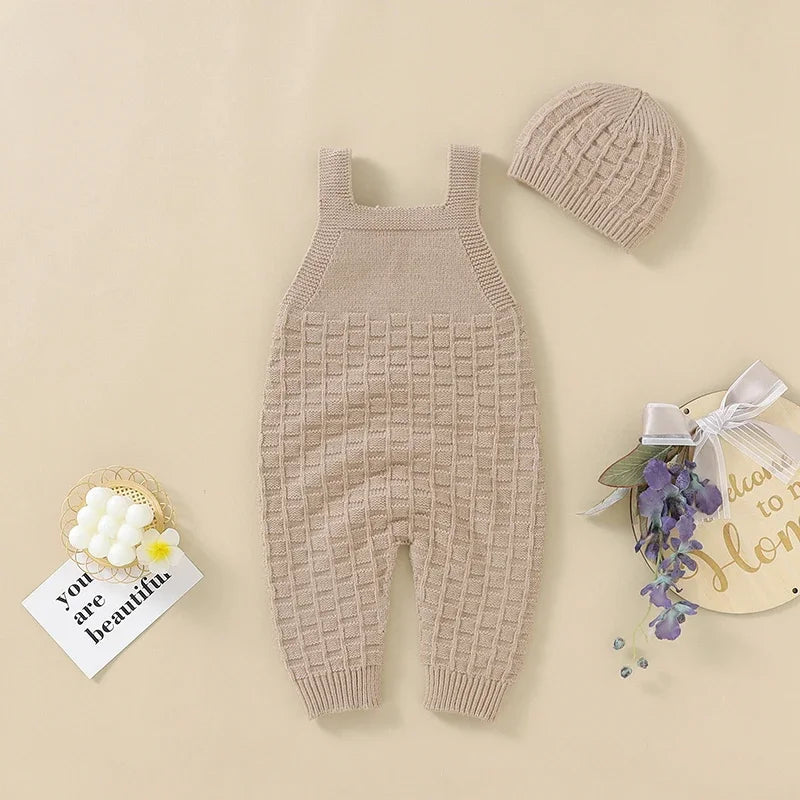 Baby Romper Fashion Solid Newborn Girl Jumpsuit Sleeveless Summer Infant Boy Sling Clothes Hat Knit 0-18M Overalls 2pcs Playsuit