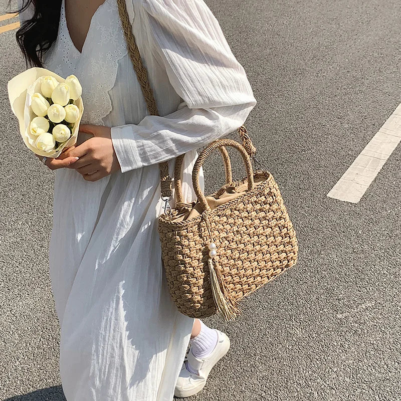 MOODS Rattan Woven Top-handle Bags For Women 2026 Summer Beach Holiday Shoulder Cross Body Basket Bag Luxury Designer Handbags