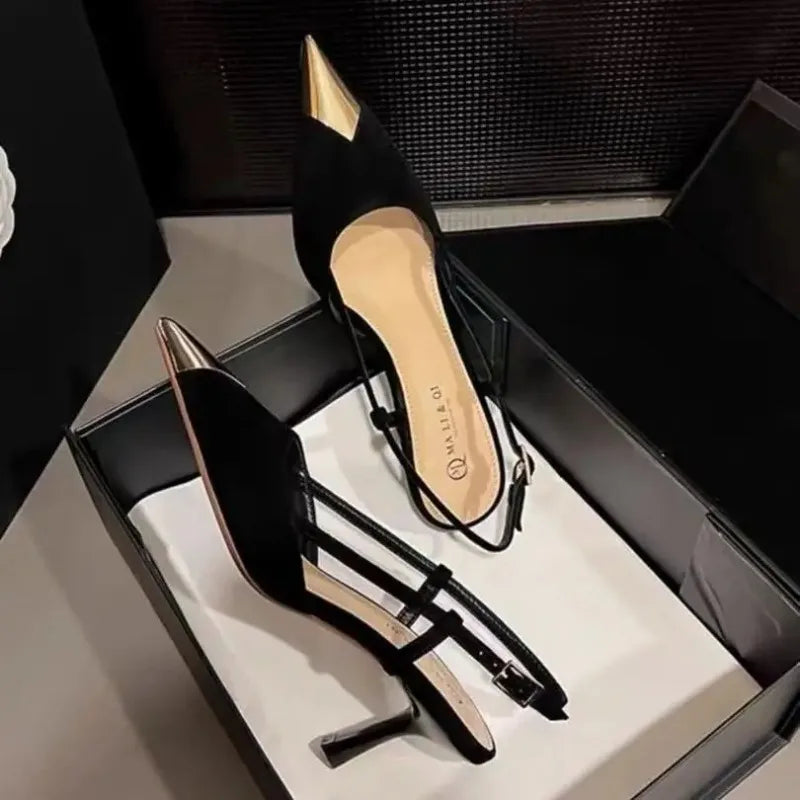 Pointed Toe High Heels Women's Thin Heel Summer 2026 New Black Seductive Suede Personality Wrap Head Sandals Women Fashionable