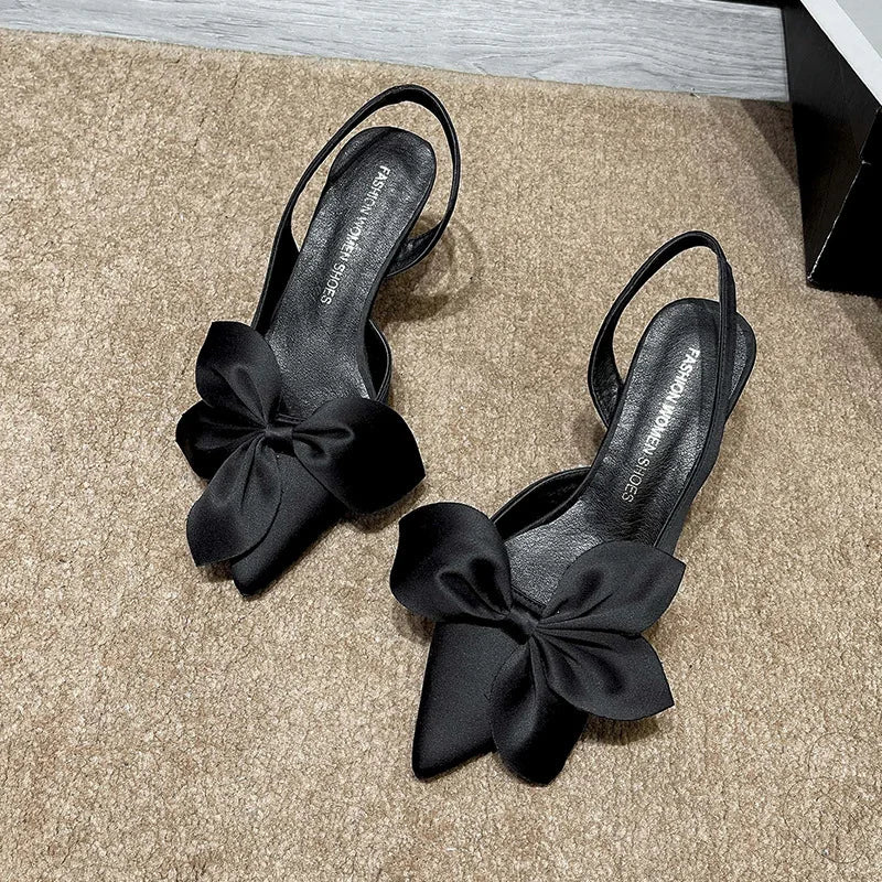 High Heels For Women Spring Summer Pointed Toe Shallow Mouth Versatile Slip-Ons With Silk Bowknot And Thin Heel