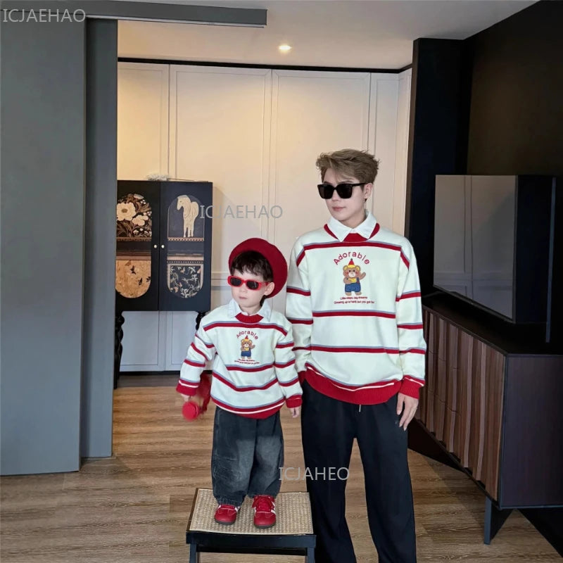 Winter Family Matching Sweaters for Mom Dad Baby Toddler New Year Outfit Christmas Holiday Homewear Cartoon Bear Stripe Knitwear