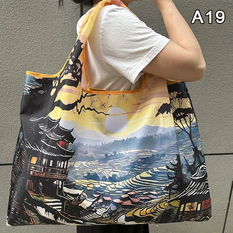 New Fashion Bag Foldable Shopping Bag Reusable Grocery Storage Bag Nylon Portable Shoulder Handbag Travel Tote Bag