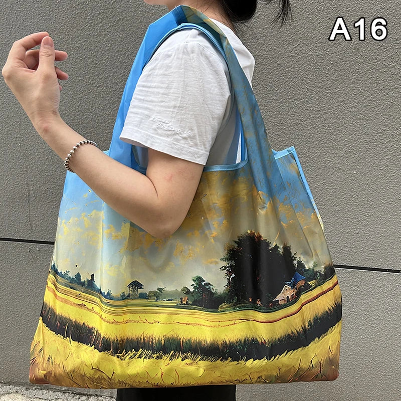 New Fashion Bag Foldable Shopping Bag Reusable Grocery Storage Bag Nylon Portable Shoulder Handbag Travel Tote Bag