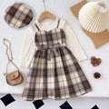 Bear Leader Fashion Splicing Fake Two Girls' Clothing 2026 Autumn Khaki Kids Dresses for Girls Plaid Long Sleeved Dress+ Hat