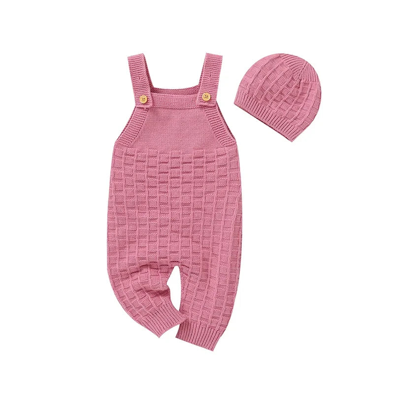 Baby Romper Fashion Solid Newborn Girl Jumpsuit Sleeveless Summer Infant Boy Sling Clothes Hat Knit 0-18M Overalls 2pcs Playsuit