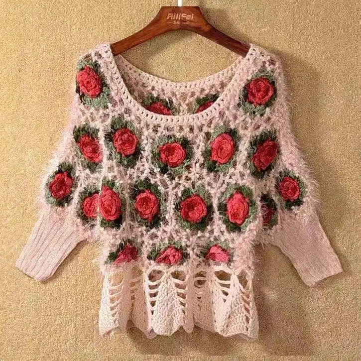 Sweater Women's Autumn 2023 New Crochet Knitwear Short Bat Pullover Sweaters Female Round Neck Bat Sleeve Top