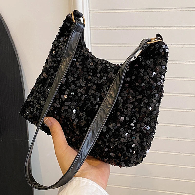 New women's Korean fashion bag with sequin decoration, versatile square shoulder purse, trendy small handbag for daily wear