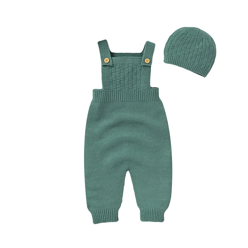 Newborn Baby Sleeveless Rompers Sleeveless Knit Infant Boys Girls Strap Jumpsuits Hats Clothes Sets 0-18m Toddler Playsuits 2pcs