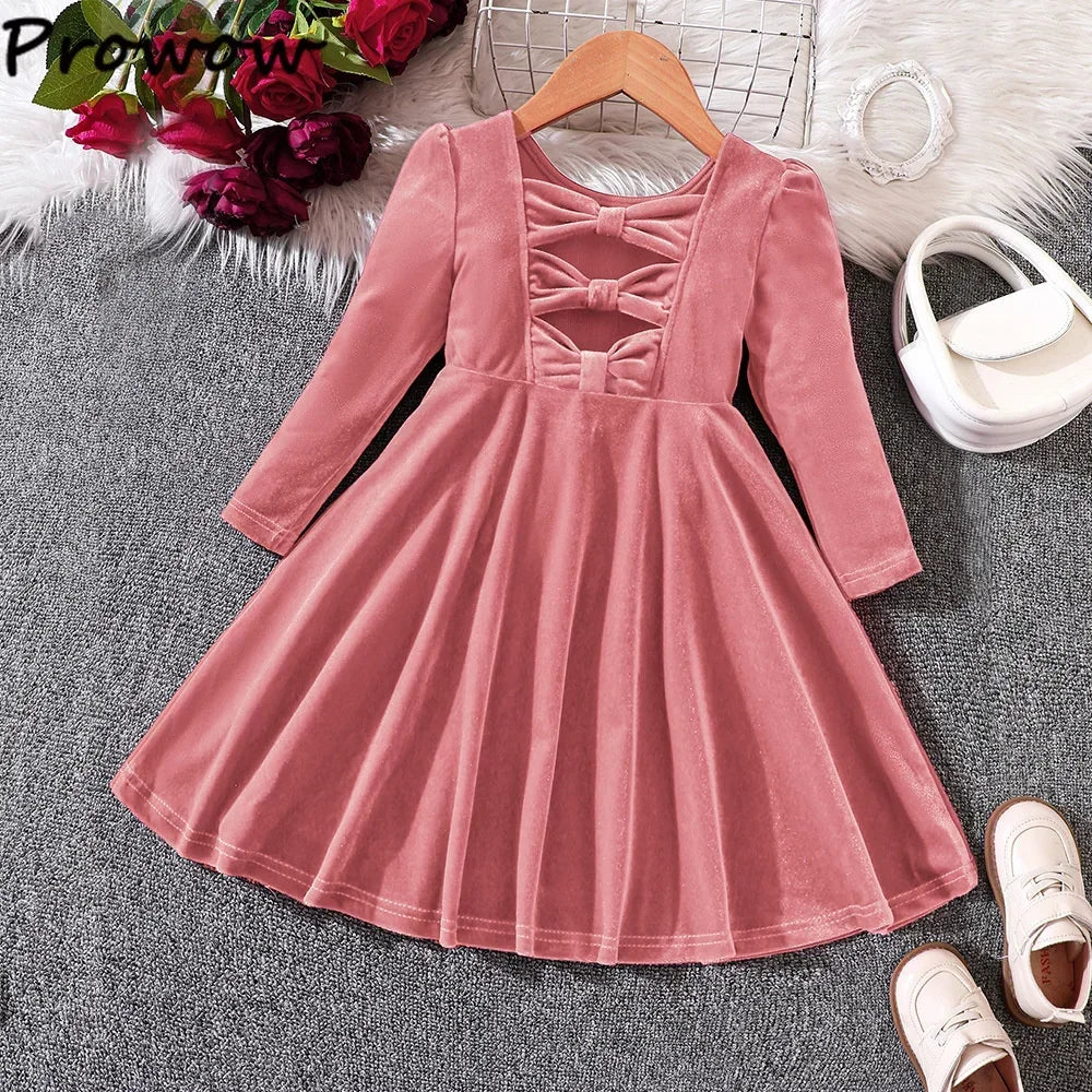Prowow Children's Party Dresses Girls Clothing Long Sleeve Bow Hollow Out Pink Velvet Dress For Girls Kids Fall Winter Clothes