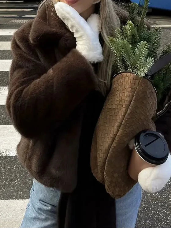 HH Women Casual Brown Short Faux Fur Coat Turn-Down Collar Long Sleeve Jacket 2025 Autumn Winter Loose High Street Outwear