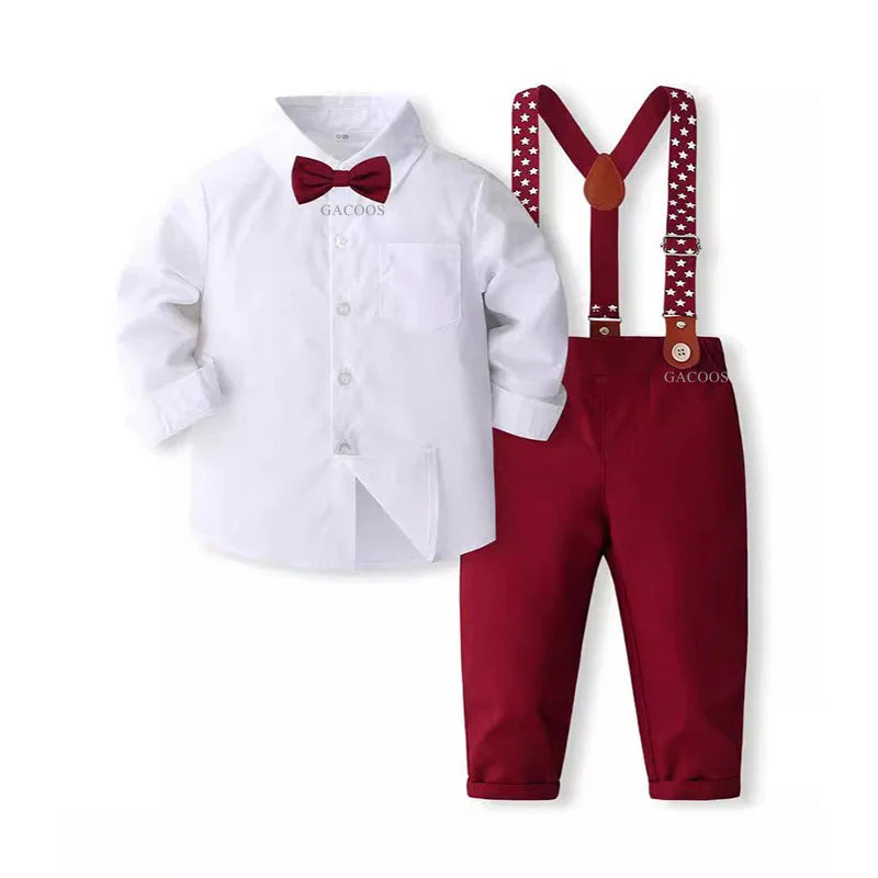 Boys Wedding Clothing Set Solid Cotton Shirt with Pants Kid Suspender Suit 0 1 2 3 4 Years Fall Birthday Costume Gentleman Child