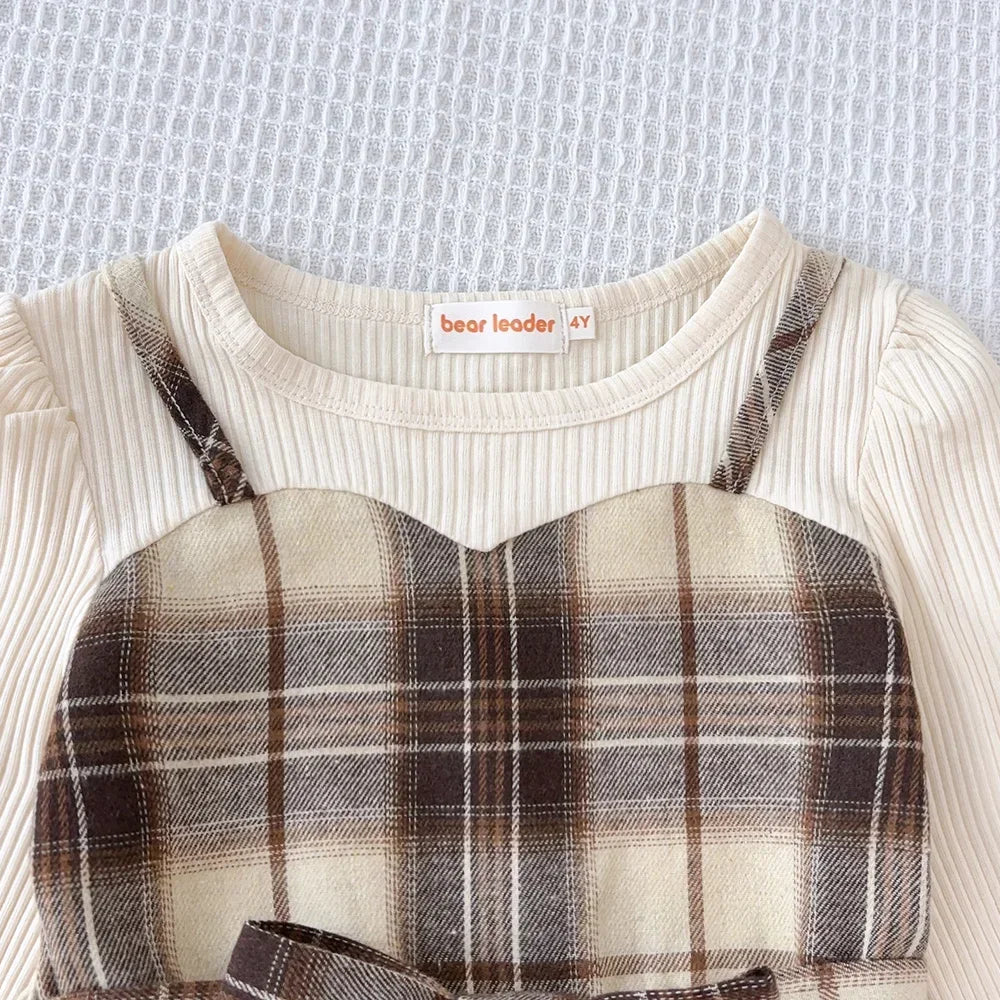 Bear Leader Fashion Splicing Fake Two Girls' Clothing 2026 Autumn Khaki Kids Dresses for Girls Plaid Long Sleeved Dress+ Hat