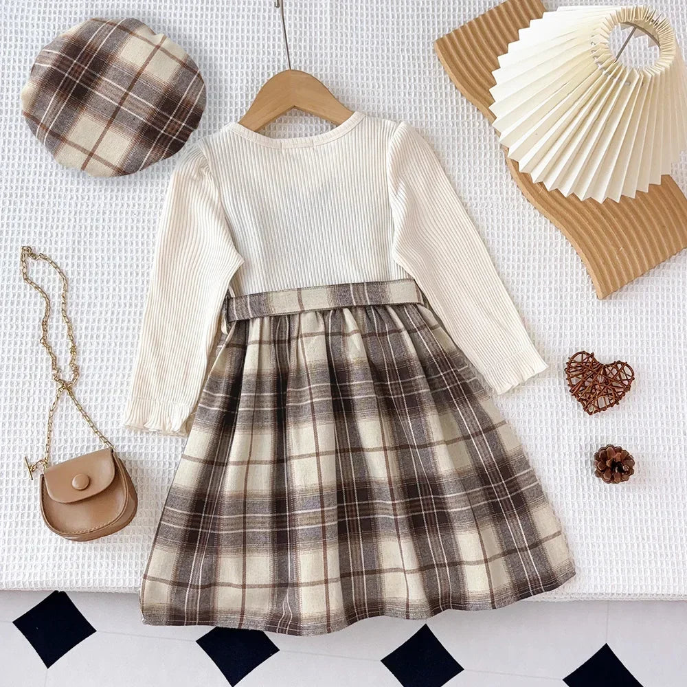 Bear Leader Fashion Splicing Fake Two Girls' Clothing 2026 Autumn Khaki Kids Dresses for Girls Plaid Long Sleeved Dress+ Hat