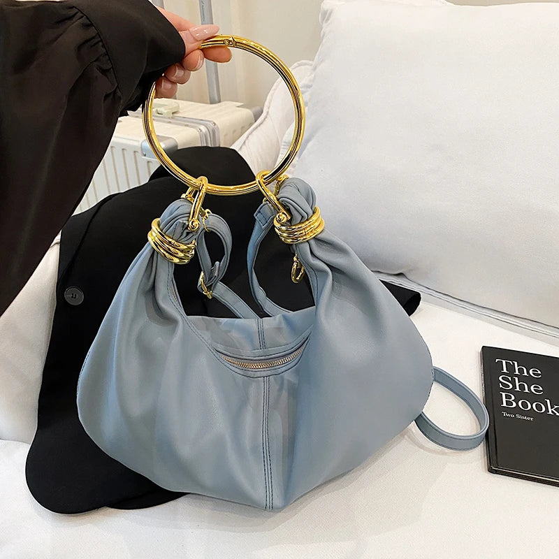 2025 Fashion Hobo Bag Luxury Designer Handbag Brand Women Tote Bag Gold Ring Handle Clutch Bag 8 Colors Pu Leather Lady Bag