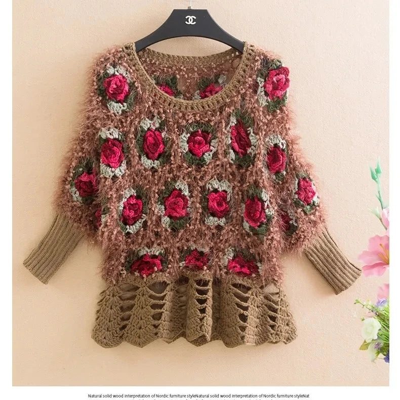 Sweater Women's Autumn 2023 New Crochet Knitwear Short Bat Pullover Sweaters Female Round Neck Bat Sleeve Top