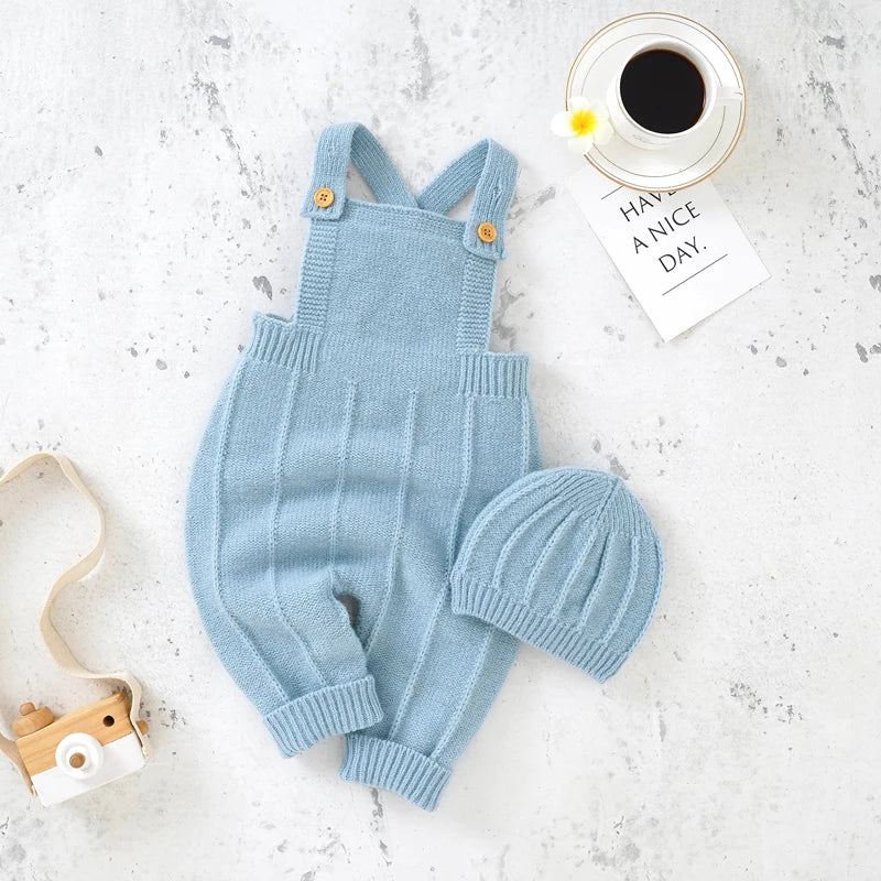 Baby Rompers Sleeveless Knitted Newborn Boys Girls Jumpsuits Hats 2pcs Outfits Sets Autumn Casual Outwear Toddler Infant Clothes