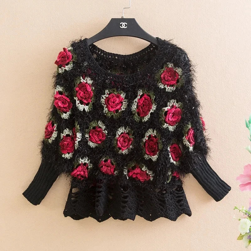 Sweater Women's Autumn 2023 New Crochet Knitwear Short Bat Pullover Sweaters Female Round Neck Bat Sleeve Top
