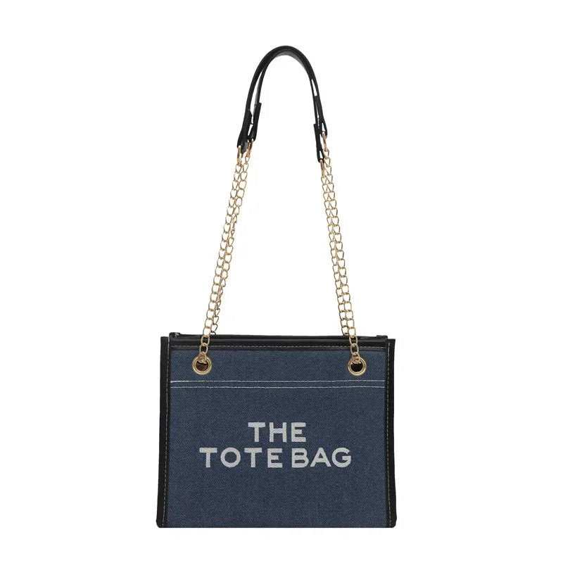 New Denim Patchwork Commuter Bag for Women, Large Capacity Embroidered Lettering Chain Underarm Crossbody Bag