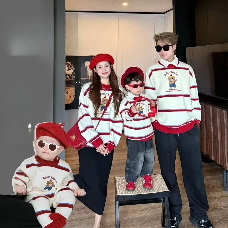 Winter Family Matching Sweaters for Mom Dad Baby Toddler New Year Outfit Christmas Holiday Homewear Cartoon Bear Stripe Knitwear
