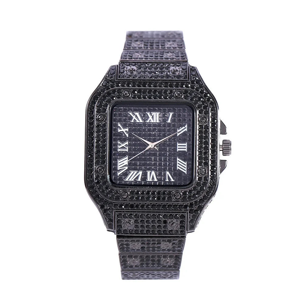 Men's Luxury Full Diamond Square Watch Iced Out Crystal Quartz Wristwatch Business Casual Waterproof Timepiece
