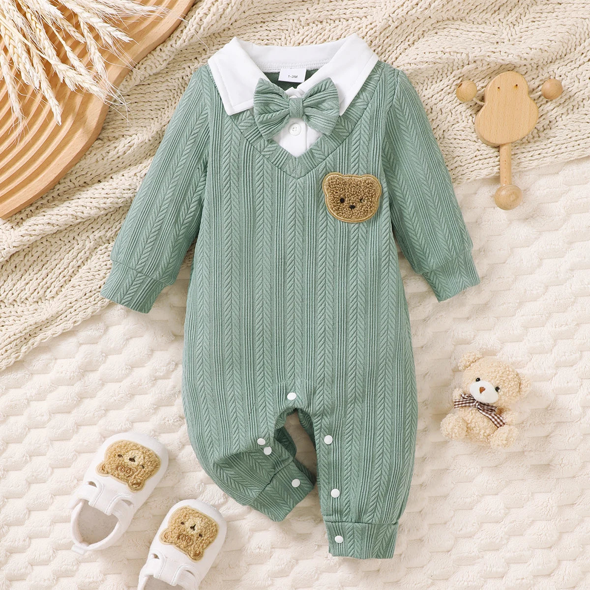 Baby Clothing Baby boy Bodysuit lapel Bow Spring and Autumn Long sleeved Bodysuit  suitable for Male babies aged 0-18 Months
