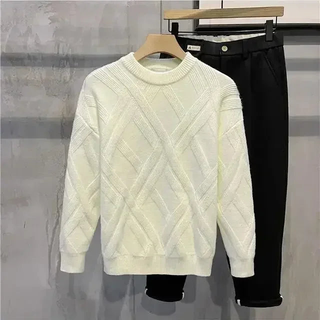 Knitted Sweaters for Men Solid Color Man Clothes Plain Crewneck Pullovers Beige Round Collar Maletry Sweat-shirt Knitwears T A S