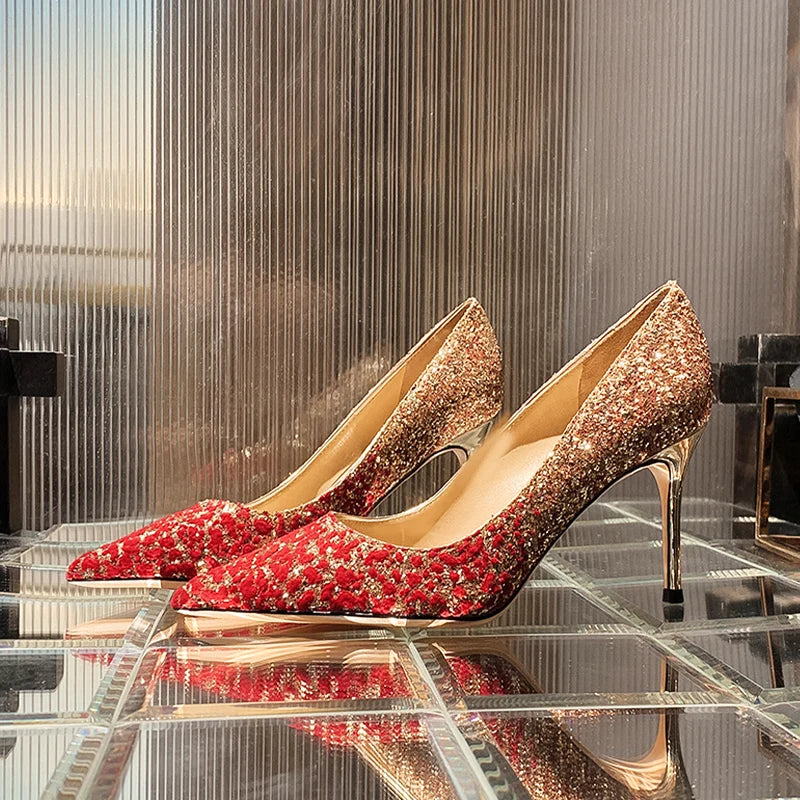 Heels for Women Luxury Women's High Heels Pointed Toe Glitter Red Designer Pumps Wedding Bridal Valentine Ladies Shoes Women