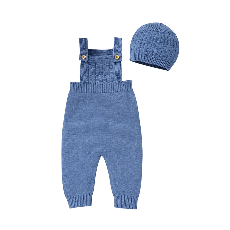 Newborn Baby Sleeveless Rompers Sleeveless Knit Infant Boys Girls Strap Jumpsuits Hats Clothes Sets 0-18m Toddler Playsuits 2pcs