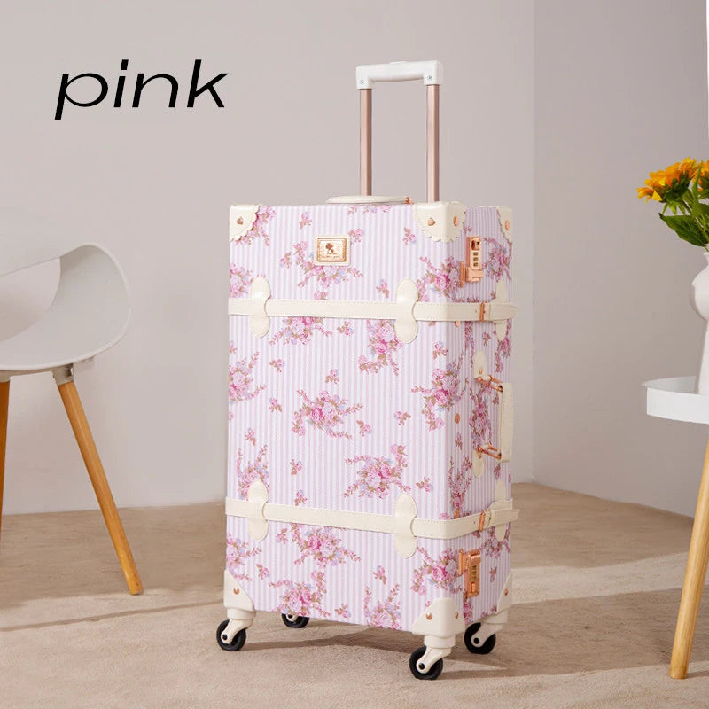New Vintage Travel Suitcase Women Set Handbag Boarding Trolley Luggage Universal Wheel Fresh Floral Fashion Bag 20/22/24/26 Inch