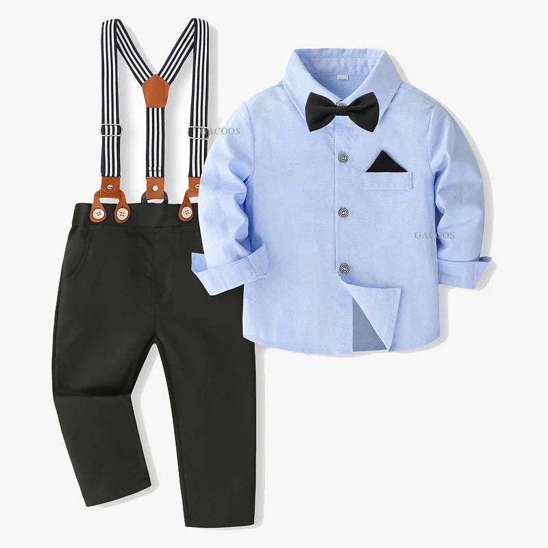 Boys Wedding Clothing Set Solid Cotton Shirt with Pants Kid Suspender Suit 0 1 2 3 4 Years Fall Birthday Costume Gentleman Child