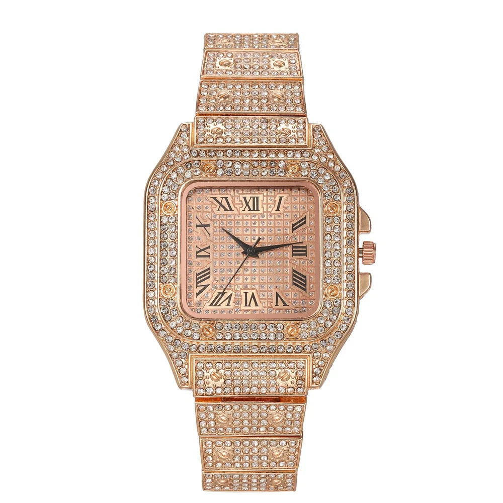 Men's Luxury Full Diamond Square Watch Iced Out Crystal Quartz Wristwatch Business Casual Waterproof Timepiece