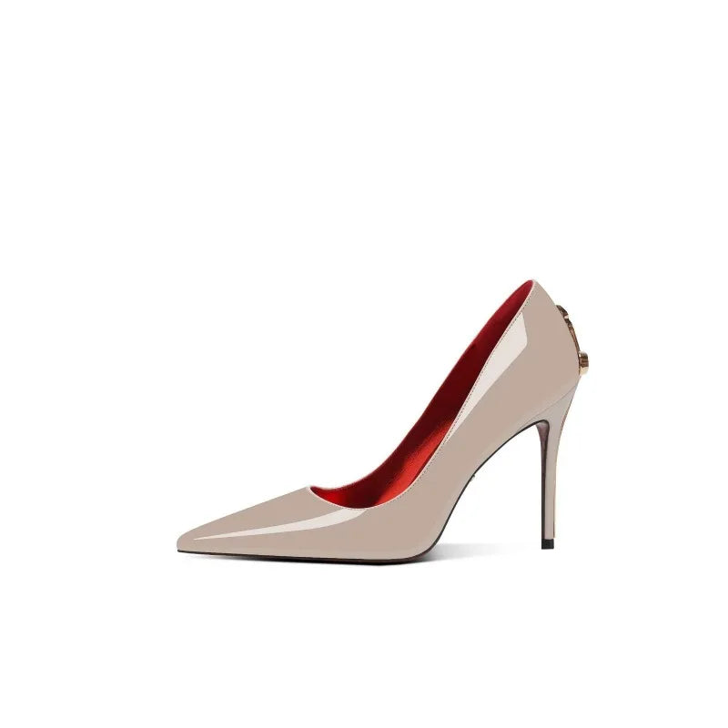 High heels women 2026 new European and American style fine heel pointed toe shoes shallow patent leather single shoes